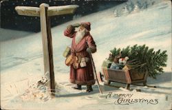 Santa With Sled Looking at Direction Sign Santa Claus Postcard Postcard Postcard