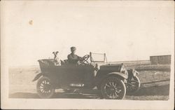 Man in an Old Car with a Dog Postcard