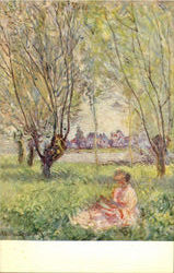 WOMAN SEATED UNDER THE WILLOWS by Monet Art Postcard Postcard