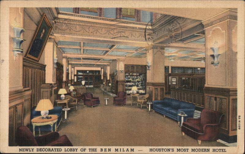 Newly Decorated Lobby, Ben Milam Hotel Houston, TX Postcard