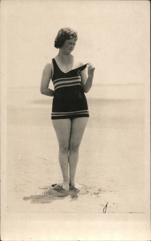 Woman In Bathing Suit Pulling Down Strap Swimsuits Pinup Postcard