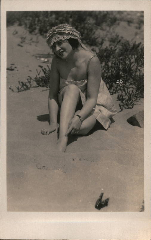 Woman In Swimwear On The Beach Swimsuits Pinup Postcard