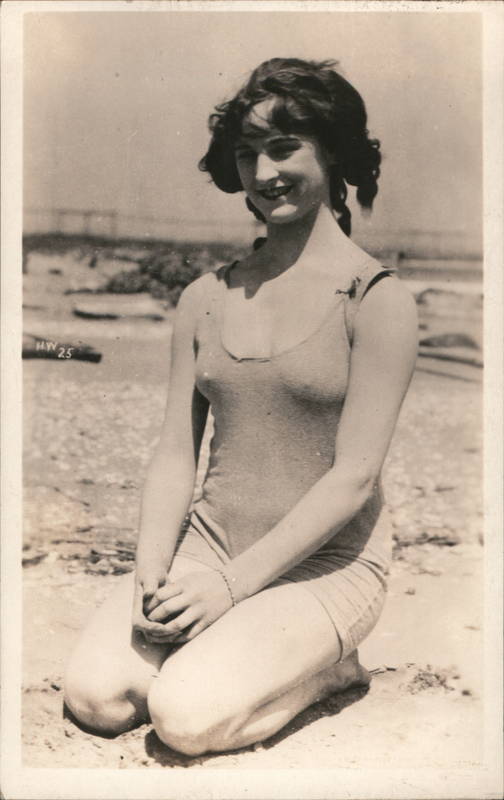 Woman In Bathing Suit At The Beach Swimsuits Pinup Postcard