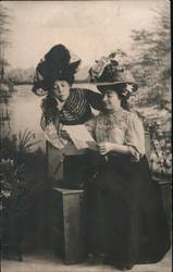 Two Women Reading a Letter Postcard