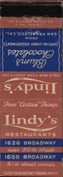 Lindy’s Restaurant Matchbook Cover