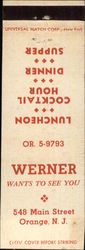 Werner Wants to See You, Luncheon, Cocktail Hour, Dinner, Supper Matchbook Cover