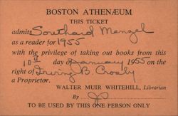 Boston Athenaeum Library Card/Book Ticket 1955 Massachusetts Ticket Ticket Ticket