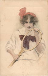 Woman Holding Antique Tennis Racket Postcard