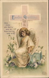 Angel Sitting in Front of Cross With Angels Ellen Clapsaddle Postcard Postcard Postcard