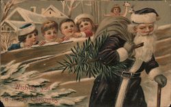 Santa Carrying Tree and Toys as Children Watch Santa Claus Postcard Postcard Postcard