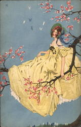 Woman in large flowing yellow dress sits on tree branch Women Postcard Postcard Postcard