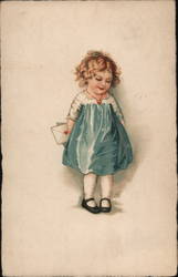 Little girl in a blue dress holding a sealed envelope Postcard