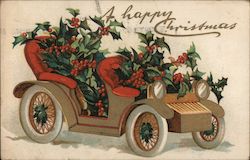 Vintage Car Filled With Holly Postcard