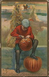 Teenage Boy Carving a Jack-O-Lantern Postcard