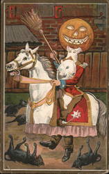 Man with Pumpkin Head on horse with Dead Cats Postcard