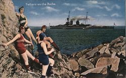 Four Women Bathes on the Rocks as Ship Passes By Swimsuits & Pinup Postcard Postcard Postcard