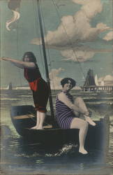 Two Women on A Boat Swimsuits & Pinup Postcard Postcard Postcard