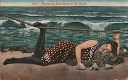 Victorian Woman in Bathing Suit Laying on Sand By Ocean Swimsuits & Pinup Postcard Postcard Postcard