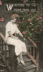 Waiting to Hear From You - Woman Sitting on Stair Railing Postcard