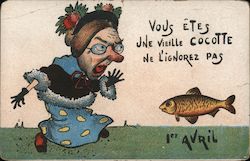 Old woman with big nose screams at fish Postcard