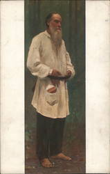 Old man with long white beard dressed in white smock Postcard