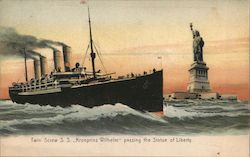 Twin Screw S.S. Kronprinz Wilhelm Passing the Statue of liberty Boats, Ships Postcard Postcard Postcard