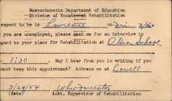 Massachusetts Department of Education Division of Vocational Rehabilitation Lawrence, MA Postal Cards & Correspondence Postcard  Postcard