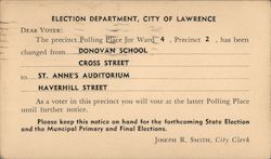 A voting card for the City of Lawrence Massachusetts Postal Cards & Correspondence Postcard Postcard Postcard