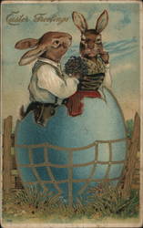 Clothed Rabbit Couple Emerging From Egg With Bunnies Postcard Postcard Postcard