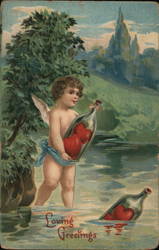 Cupid Putting Hearts in A Bottle and Floating Them Down River Postcard Postcard Postcard