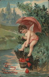 Cupid Fishing for Hearts in River Postcard