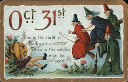 Witches Riding Broomsticks With Jack-O-Lantern Postcard