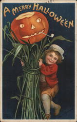 Child Climbing Cornstalk and Jack-O-Lantern Halloween Postcard Postcard Postcard