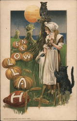 Girl in Field with Black Cat, Pumpkins, and Owl At Night Halloween Postcard Postcard Postcard