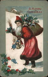 Santa Carrying Sack of Toys Up a Hill Santa Claus Postcard Postcard Postcard