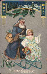 Santa Claus in Blue Robe Pushing Girl on Sleigh Children Postcard Postcard Postcard