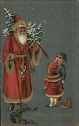 Santa Claus Carrying Tree and Talking to Two Young Children Postcard