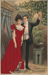 Couple Standing Under Mistletoe Christmas Postcard Postcard Postcard