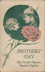 Mother's Day 1918 Carnation and Son Dressed in Military Uniform Postcard