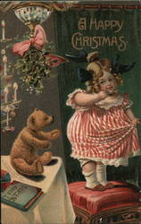 Child With Teddy Bear and Holly Children Postcard Postcard Postcard