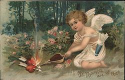 Cupid Stoking Flames of Hearts on Fire Postcard Postcard Postcard