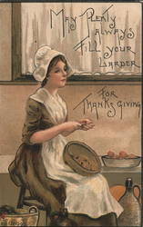 Woman in Pilgrim Clothing Peeling Apples Postcard