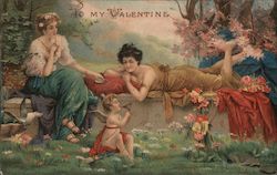 women Lounging in Garden with Cupid Postcard