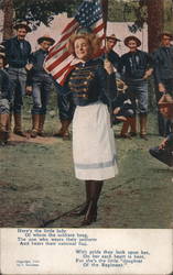 Woman Holding American Flag Standing in Front of Soldiers Patriotic Postcard Postcard Postcard