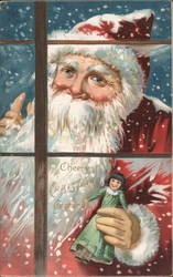 Santa Looking Through Window and Holding a Doll Santa Claus Postcard Postcard Postcard