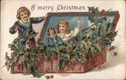 Children in Wicker Box Filled with Holly Postcard Postcard Postcard