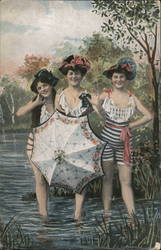 Three Victorian Women in Hats and with Parasol Bathing in River Swimsuits & Pinup Postcard Postcard Postcard