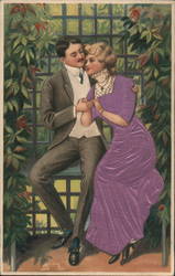 Victorian Couple Sitting on Bench Holding Hands Postcard