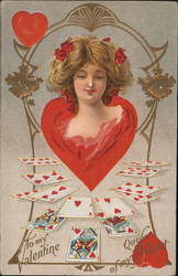 Woman Looking Down on Cards marked With Hearts Queen of Hearts Postcard Postcard Postcard