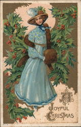 Woman Dressed in Winter Wear Surrounded by Holly Christmas Postcard Postcard Postcard